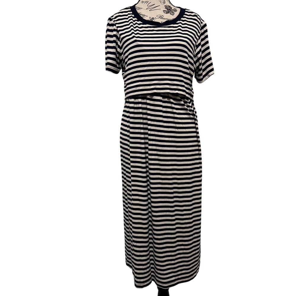 Seraphine Maternity Nursing Midi Dress Striped Navy Blue White Short Sleeve